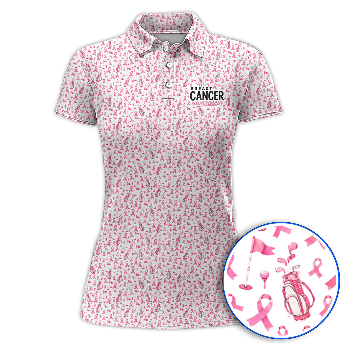 Breast Cancer Awareness Golf Polos, Pink Ribbon Golf Bag Pattern Shirt, October Golf Gift for Golfer