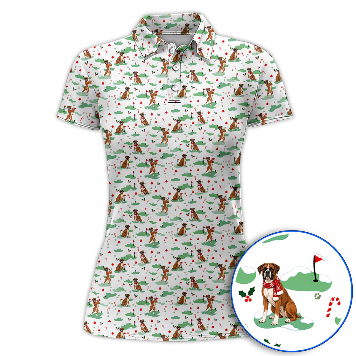 Funny Boxer Christmas Golf Shirt, Xmas Boxer Dog Pattern Golf Polos, Golf Gift For Golfer
