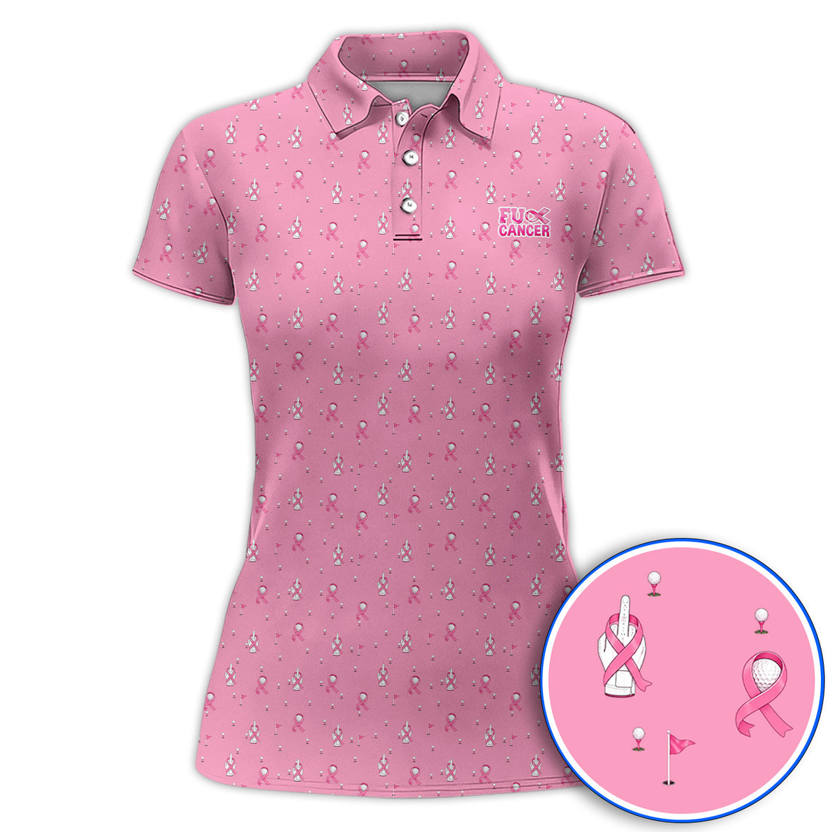 Pink Ribbon Golf Polos, Breast Cancer Awareness Pattern Golf Shirt, Supportive Golfer Gift for Golfer