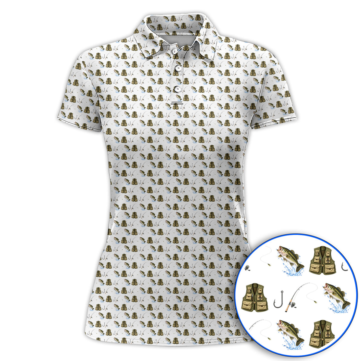 Bass Fishing Golf Polos, Largemouth Bass & Fishing Gear Pattern Golf Shirt , Crazy Golf Gift For Golfers