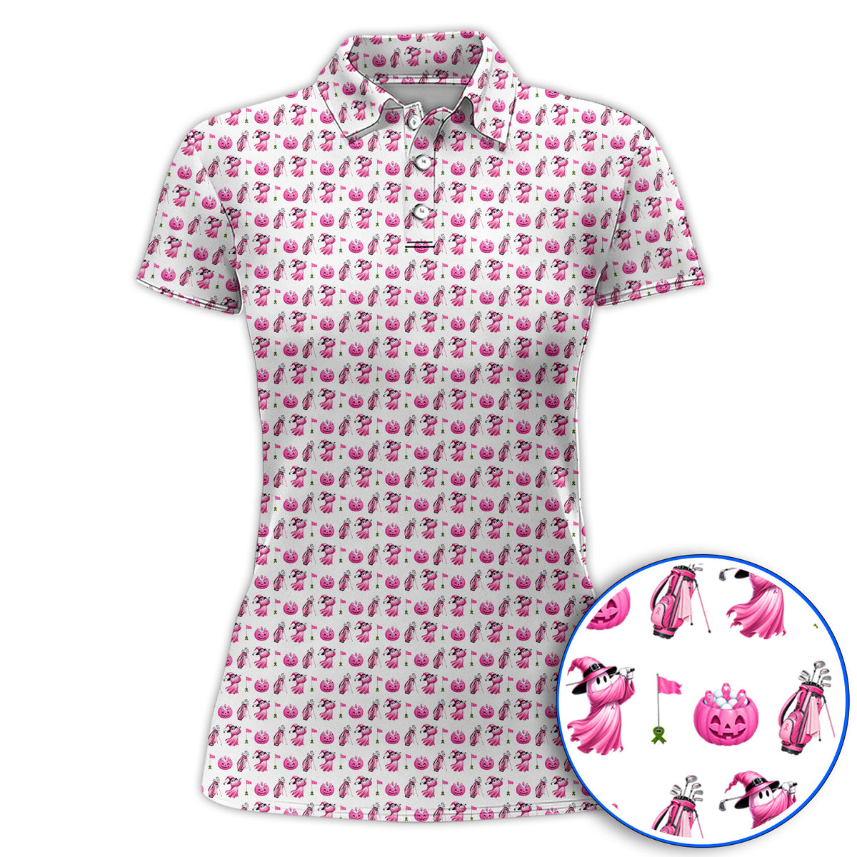 Pink Pumpkin Swing Breast Cancer Awareness Golf Shirt, Halloween Golf & Pink Ribbon Pattern Polos, October Golf Gift For Golfer