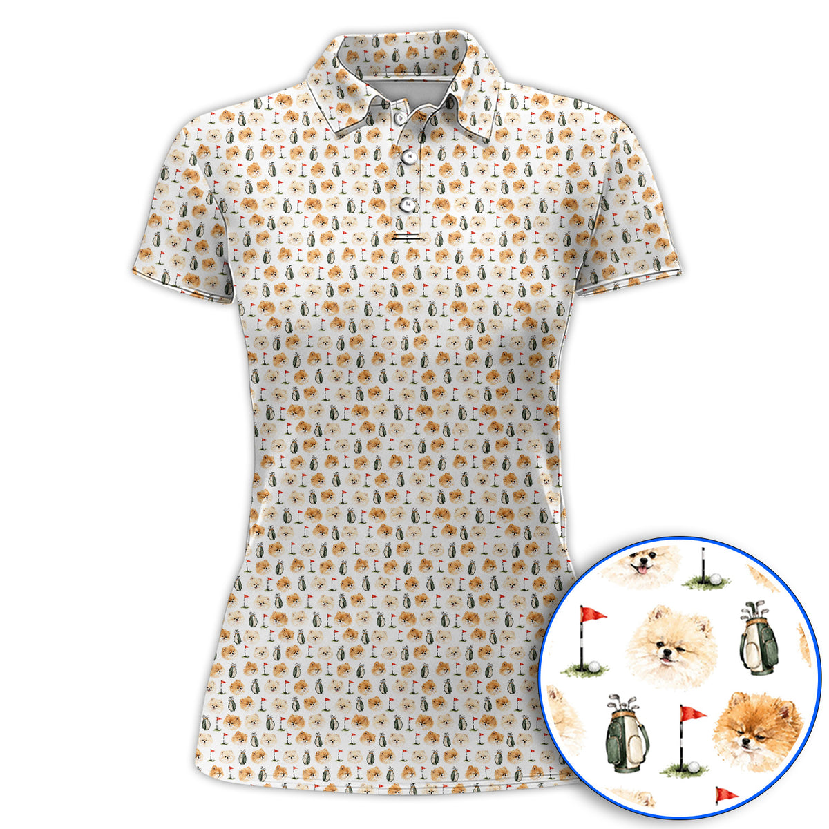 Pomeranian Golf Shirt, Fluffy Pom Dog & Golf Pattern Polos, Funny Golf Gift For Golfer