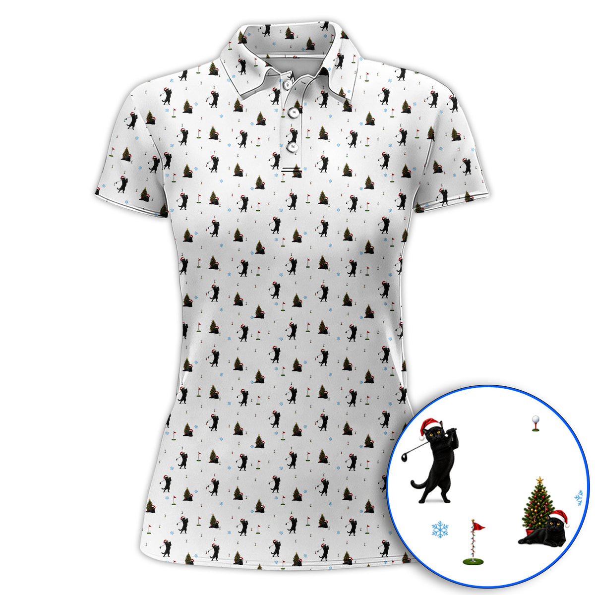 Black Cat Christmas Golf Shirt, Funny Cat Pattern Golf Polos, Xmas Golf Gift for Golfers