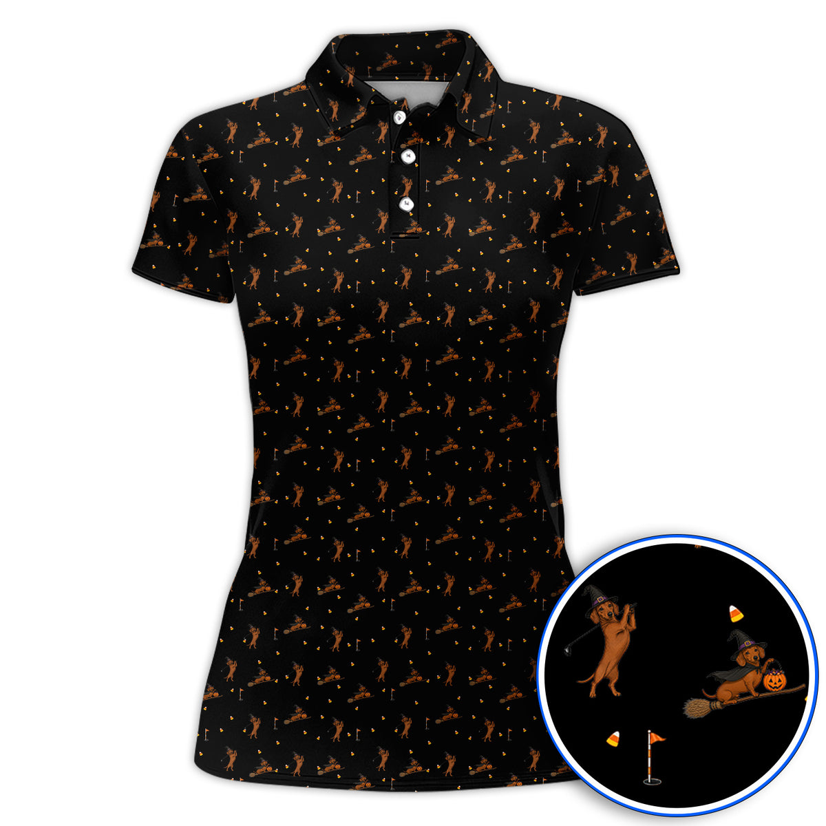 Funny Witch Dachshund Golf Shirt, Halloween Wiener Dog Pattern Golf Polos, Golf Gift for Golfer
