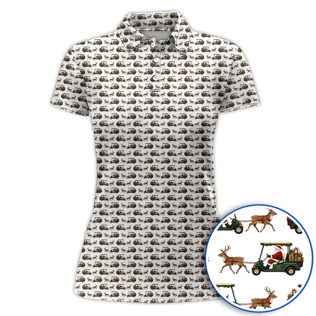 Santa Reindeer Golf Cart Polos, Xmas Pattern Golf Shirt, Crazy Christmas Golf Gift