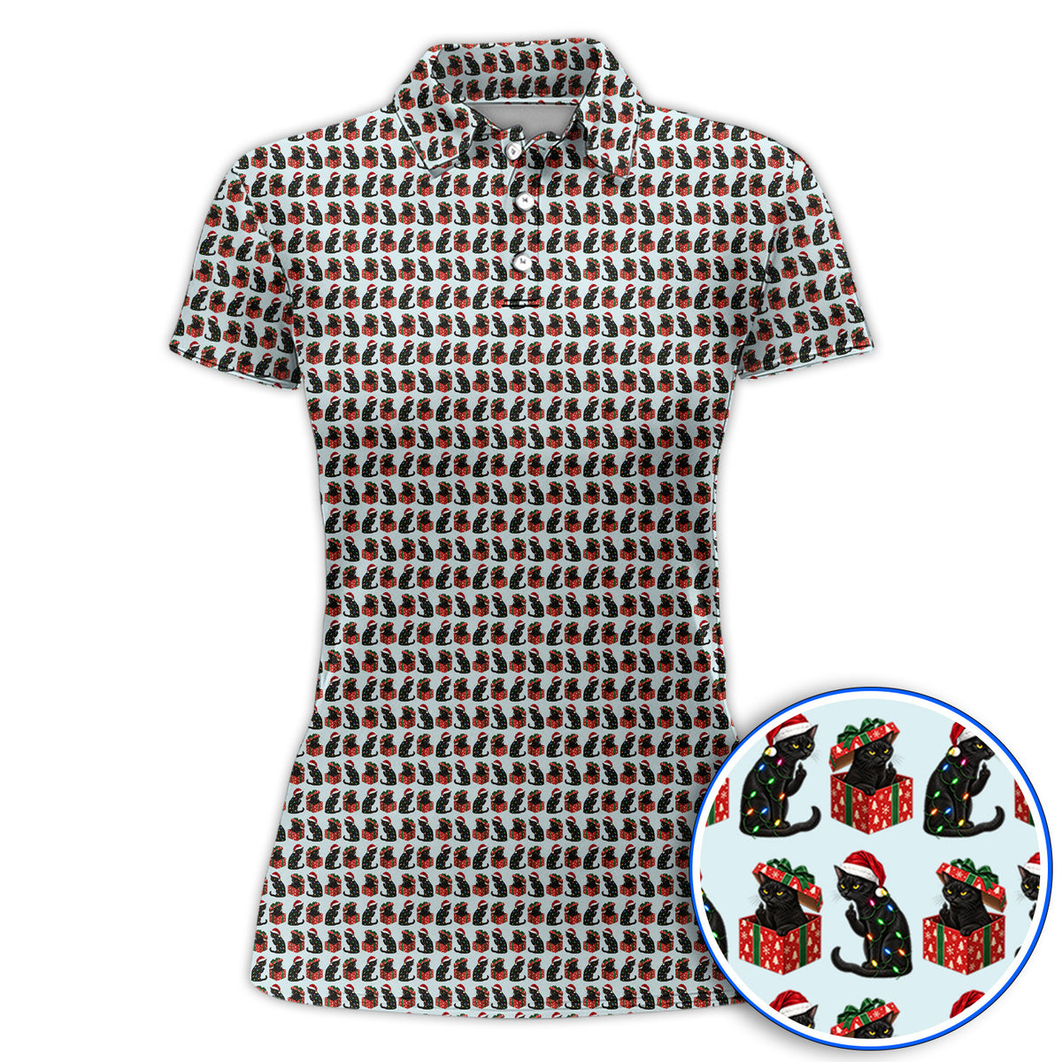 Black Cat Christmas Pattern Golf Polos, Funny Christmas Cat Golf Shirt, Holiday Gift for Cat Lovers