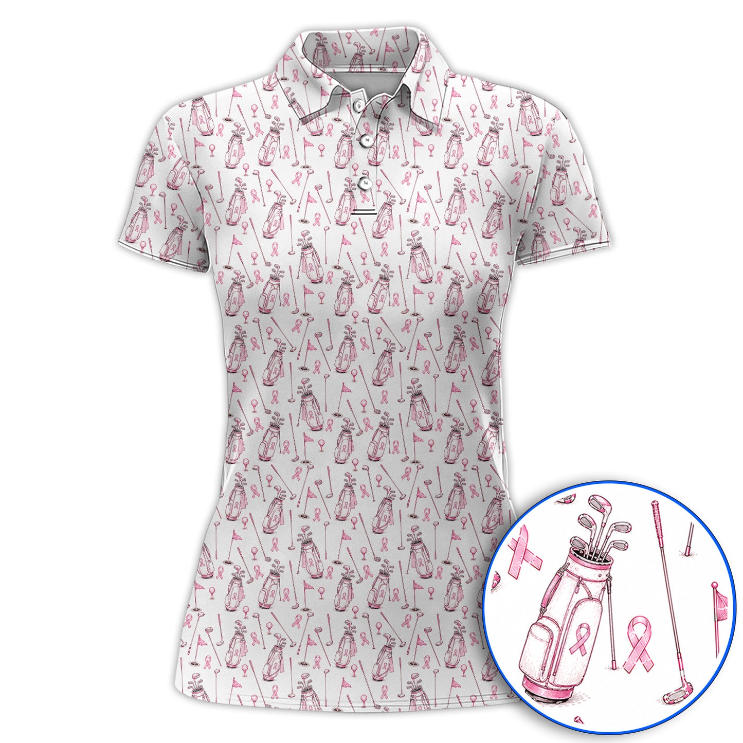 Breast Cancer Pattern Golf Shirt, Pink Ribbon Golf Polos for Golf Lovers, Support Breast Cancer Awareness Gift