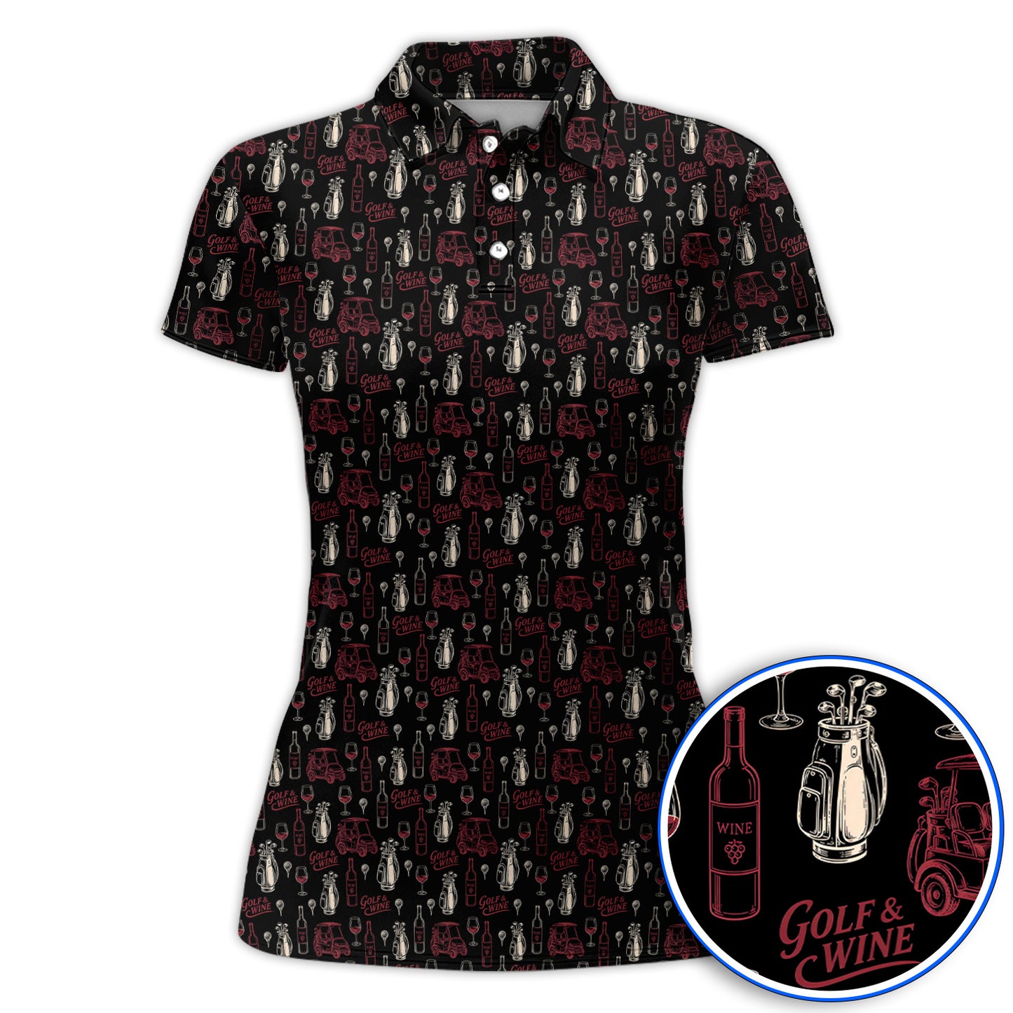Funny Golf & Wine Pattern Golf Polos, Funny Golf Shirt For Wine Lover, Golf Gift For Golfer