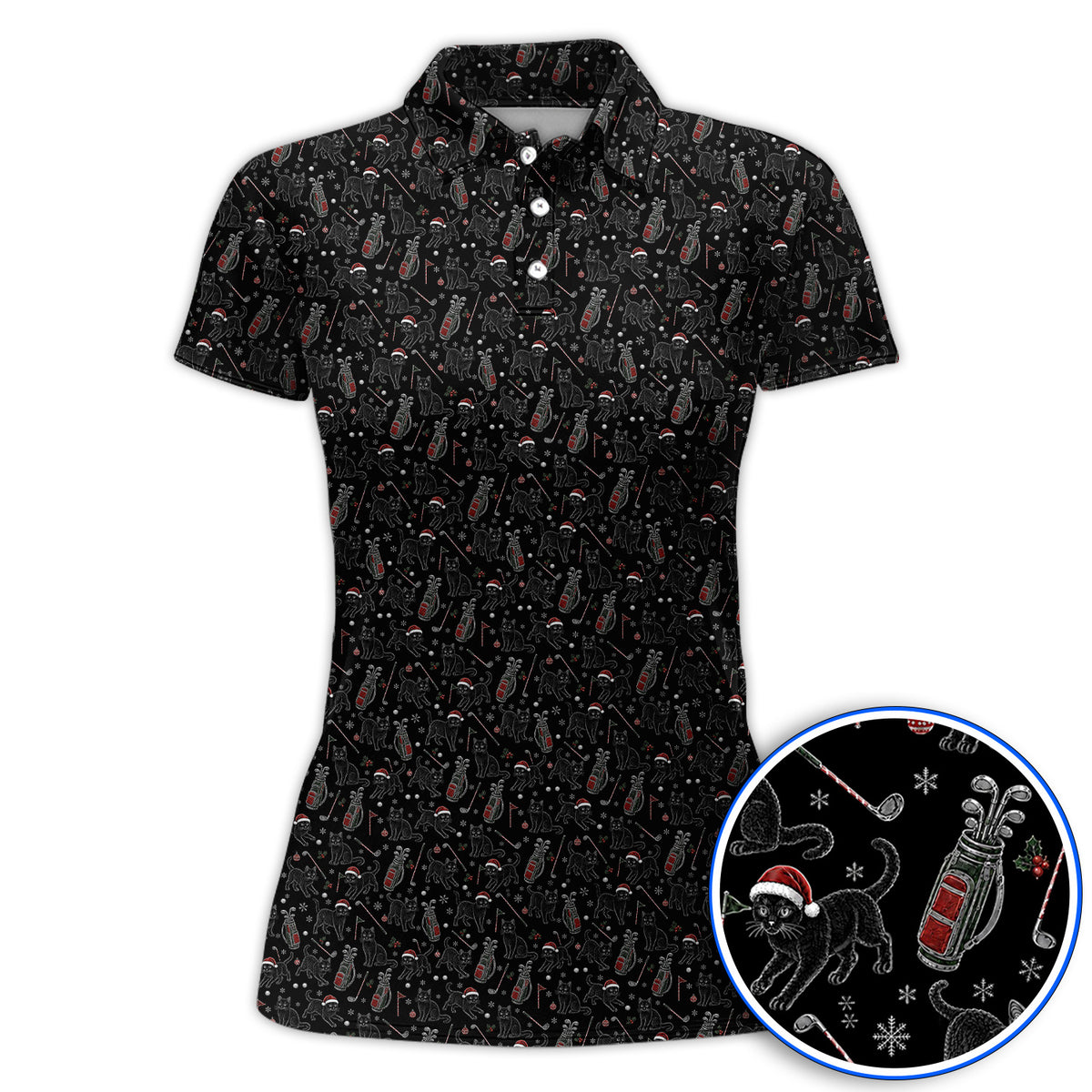 Funny Black Cat Christmas Golf Polos, Holiday Pattern Golf Shirt, Xmas Golf Gift For Golfers