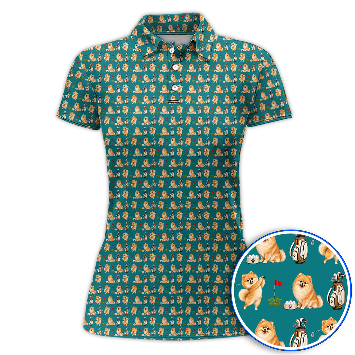 Pomeranian Pattern Golf Polos, Pomeranian Dog Golf Shirt, Golf Gift For Golfer