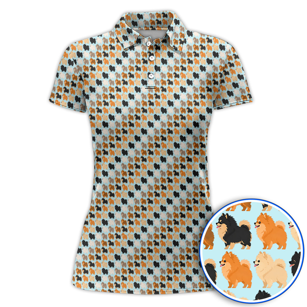 Cute Pomeranian Pattern Golf Shirt, Pomeranian Dog Golf Polos, Funny Golf Gift For Golfer