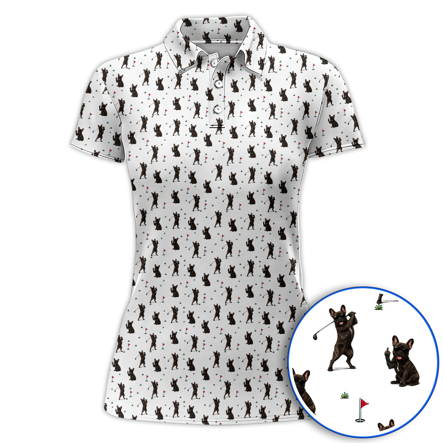 Frenchie Golf Shirt, French Bulldog Pattern Polos, Funny Golf Gift For Golfer