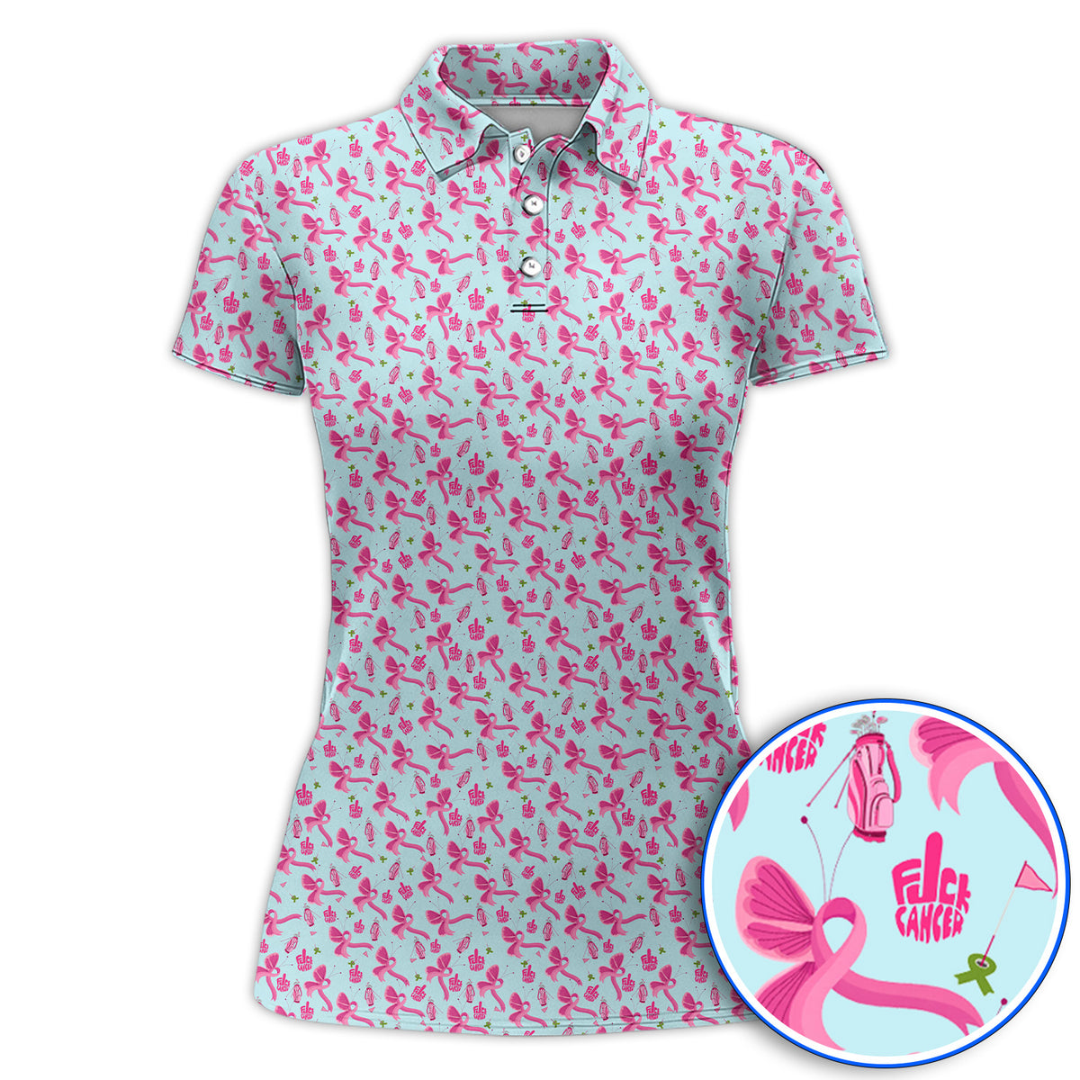 Fight With Every Swing Breast Cancer Awareness Golf Polos, Pink Ribbon & Golf Pattern Shirt, Support Gift for Golfers