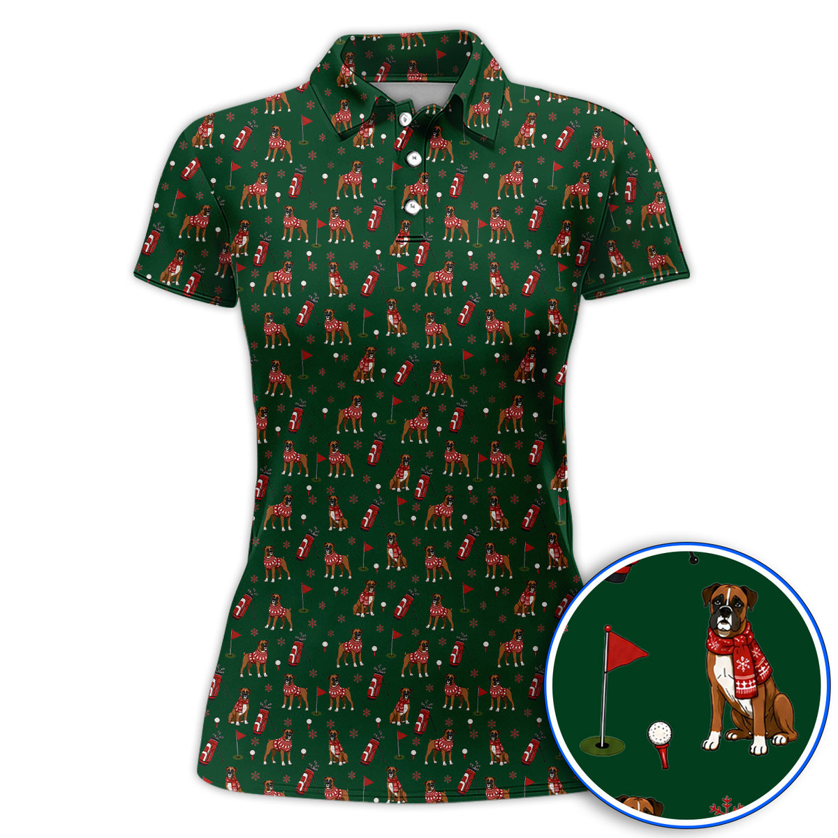 Boxer Christmas Golf Polos, Holiday Dog Pattern Golf Shirt, Festive Golf Gift for Golfers