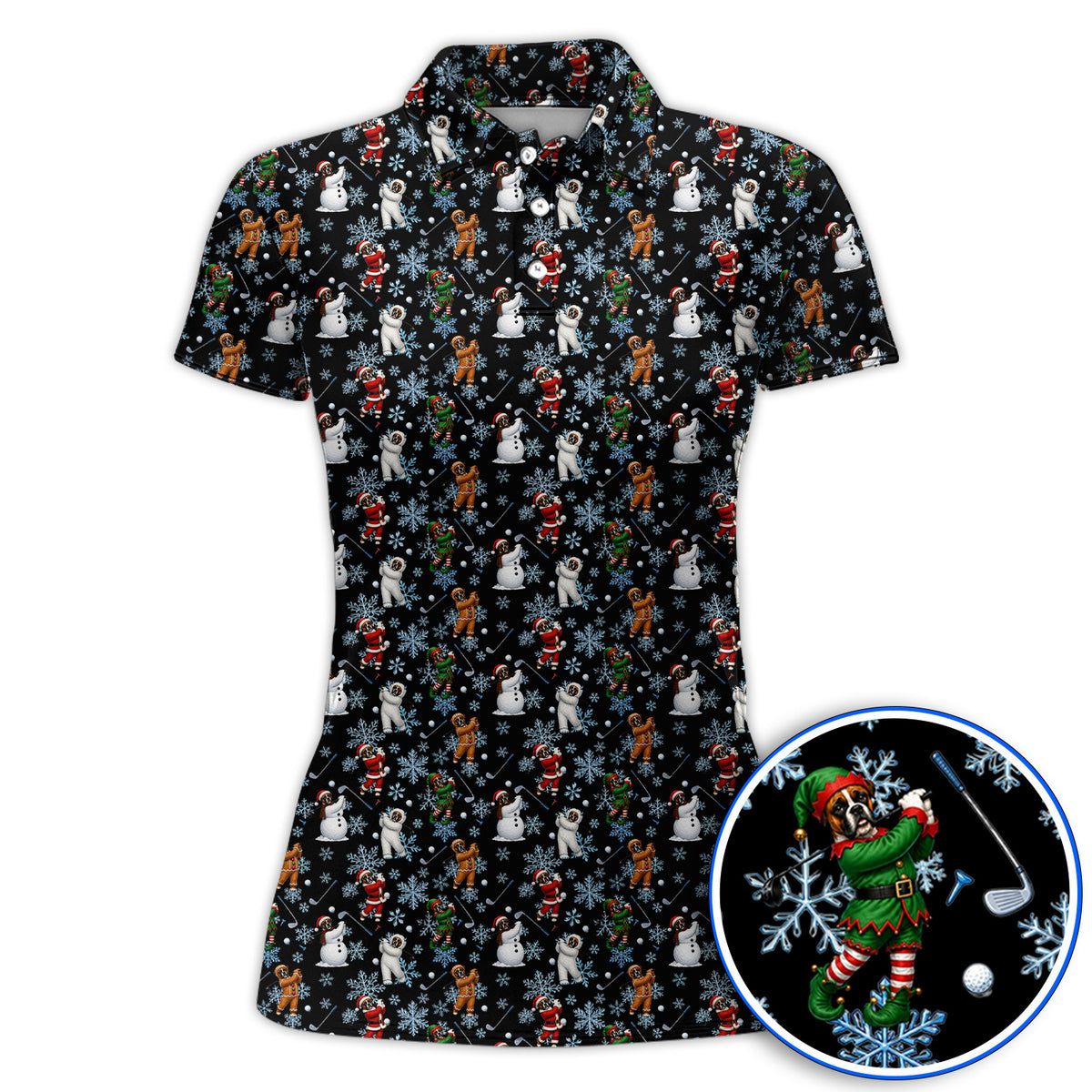 Boxer Christmas Pattern Golf Polos, Funny Holiday Boxer Golfer Shirt, Christmas Golf Gift for Dog Lovers