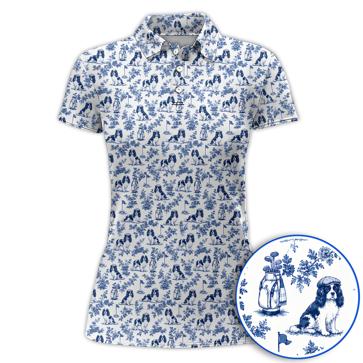 Funny Cavalier King Charles Spaniel Golf Polos, Toile de Jouy Cavalier Pattern Golf Shirt, Golf Gift For Golfer