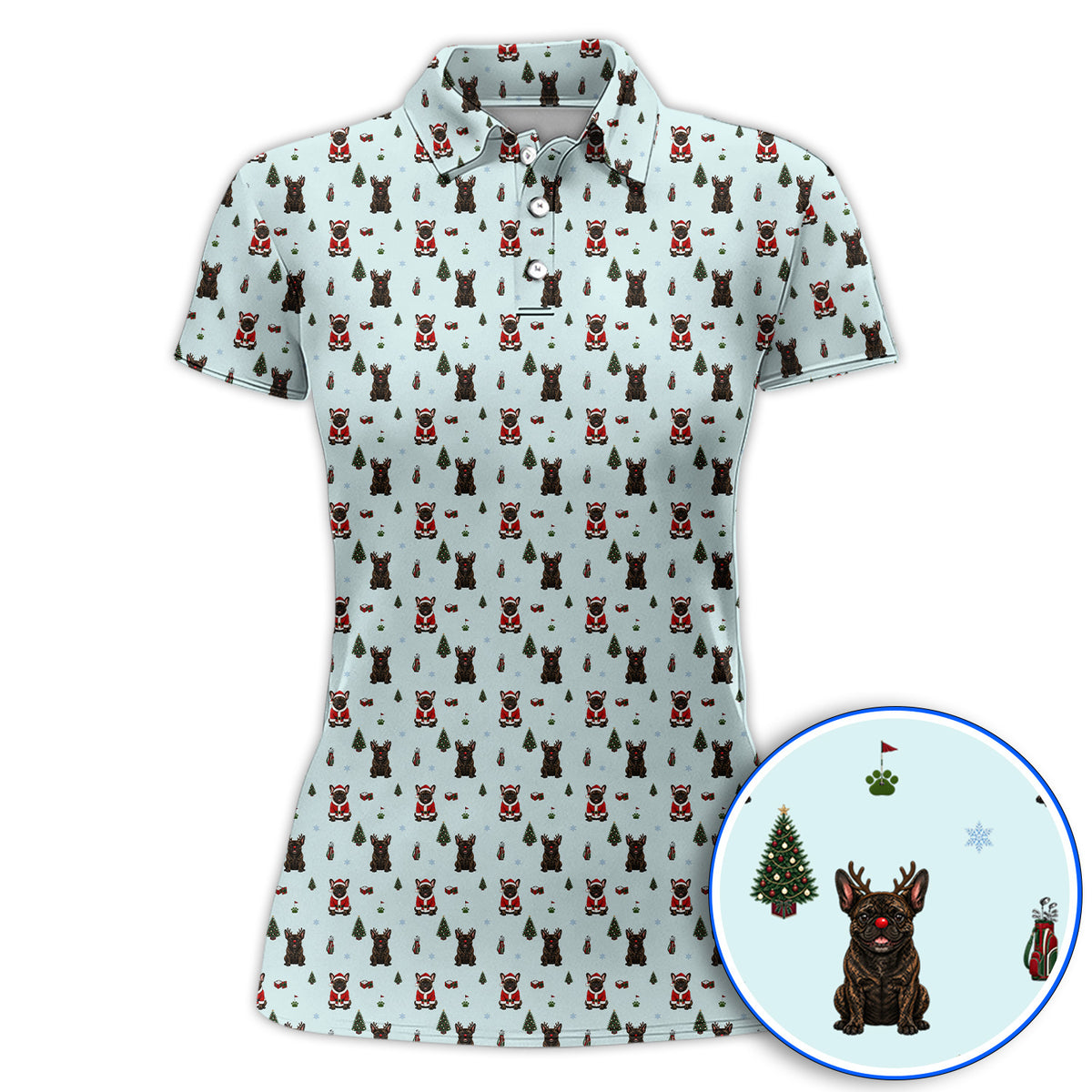 Reindeer French Bulldog Christmas Golf Polos, Festive Dog Holiday Pattern Golf Shirt, Xmas Golf Gift for Golfers