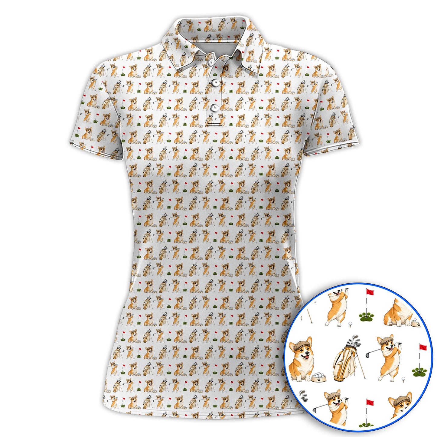Funny Corgi Golf Shirt, Corgi Pattern Golf Polos, Dog Lover Golf Gift