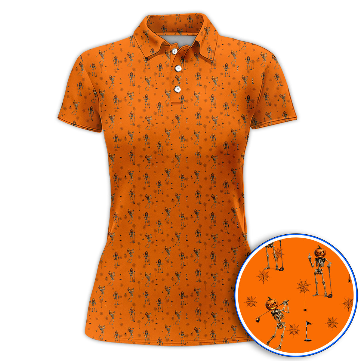 Halloween Skeleton Golf Polos, Pumpkin Head Pattern Golf Shirt, Funny Golf Gift for Golfer