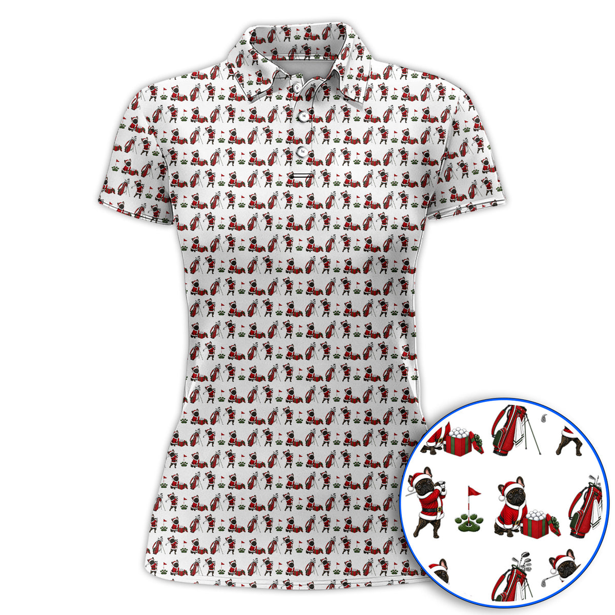 Christmas French BullDog Pattern Golf Polos, Funny Santa French BullDog Holiday Golf Shirt, Xmas Golf Gift For Golfers