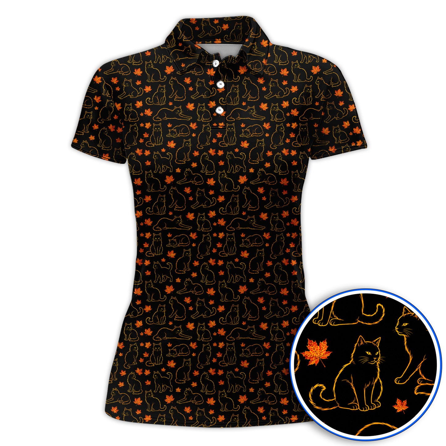 Autumn Black Longhair Cat Golf Polos, Black Longhair Cat Pattern Golf Shirt, Cat Lovers Golf Gift