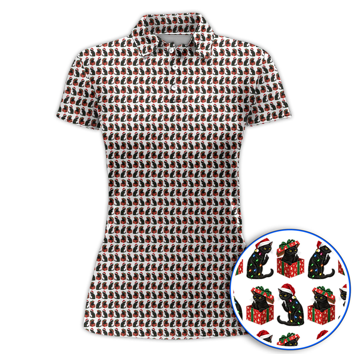 Black Cat Christmas Pattern Golf Polos, Funny Christmas Cat Golf Shirt, Holiday Gift for Cat Lovers