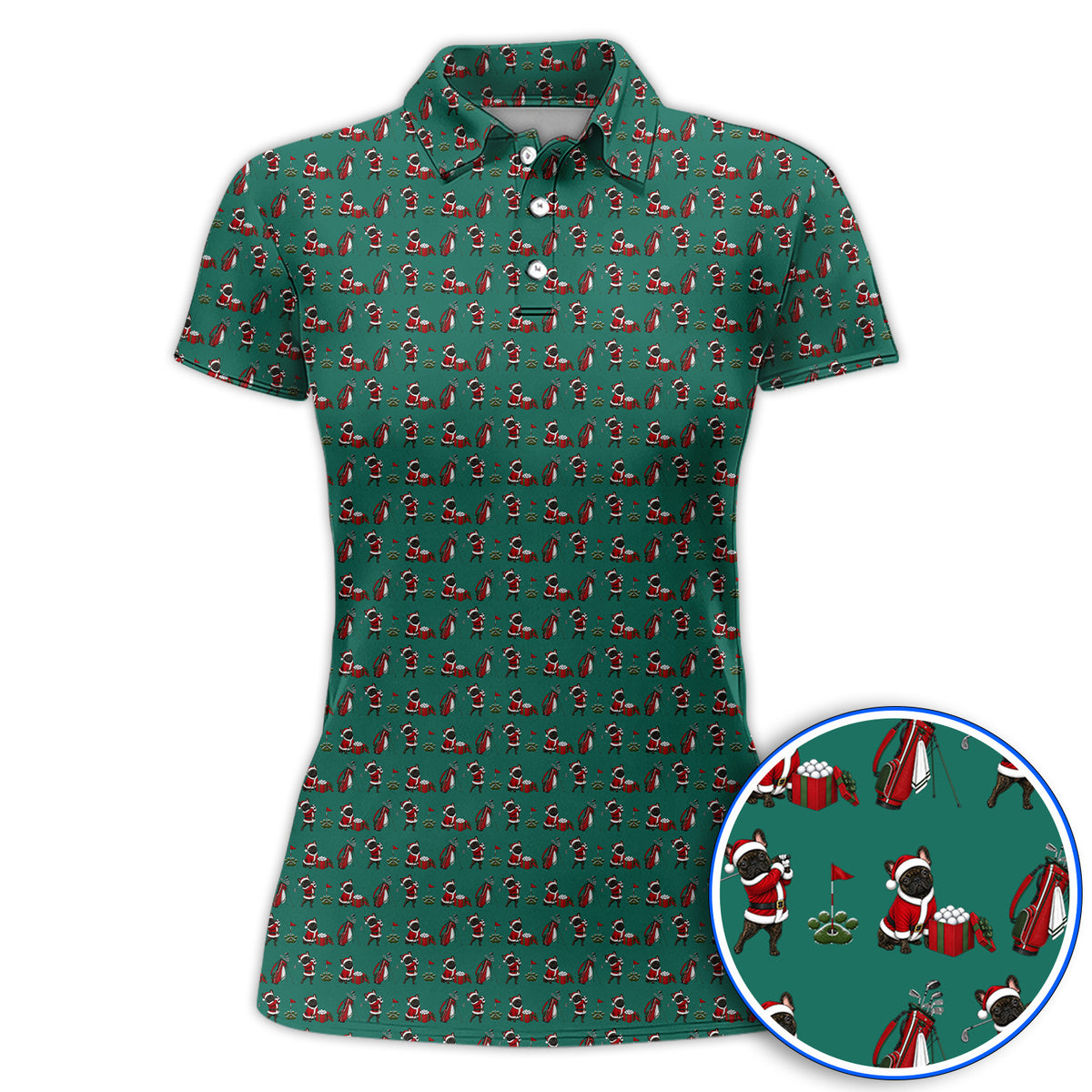 Christmas French BullDog Pattern Golf Polos, Funny Santa French BullDog Holiday Golf Shirt, Xmas Golf Gift For Golfers