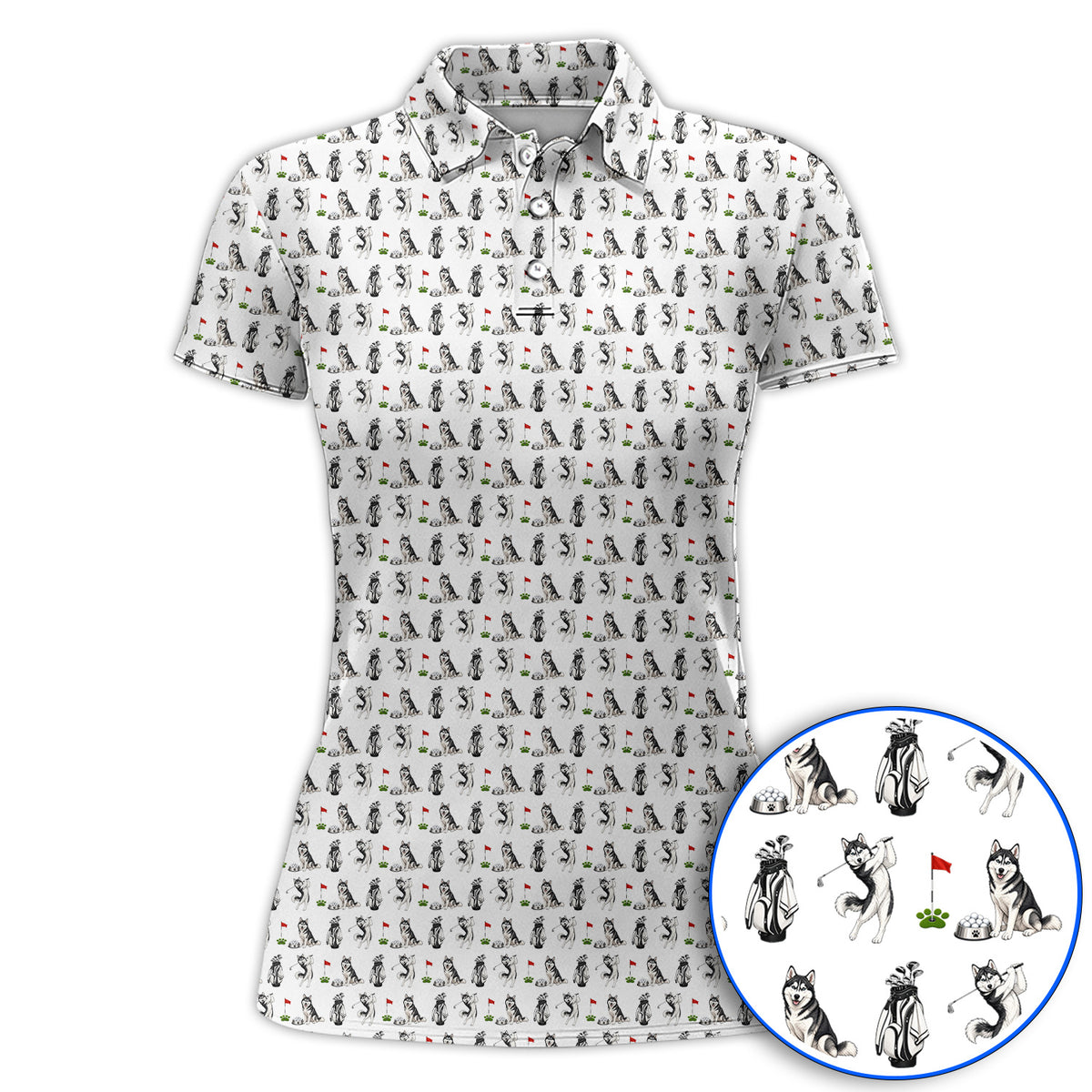 Funny Husky Golf Polos, Husky Sibir Pattern Golf Shirt For Dog Lover, Golf Gift For Golfer