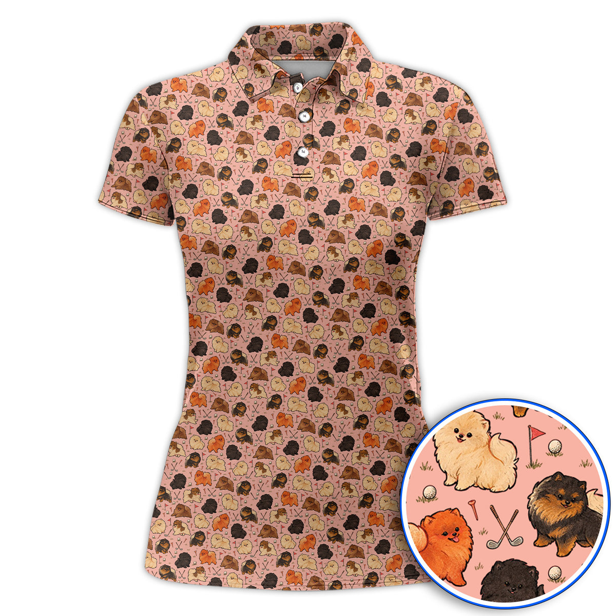 Funny Pomeranian Golf Polos, Pom Dog & Golf Pattern Shirt, Golf Gift For Golfer