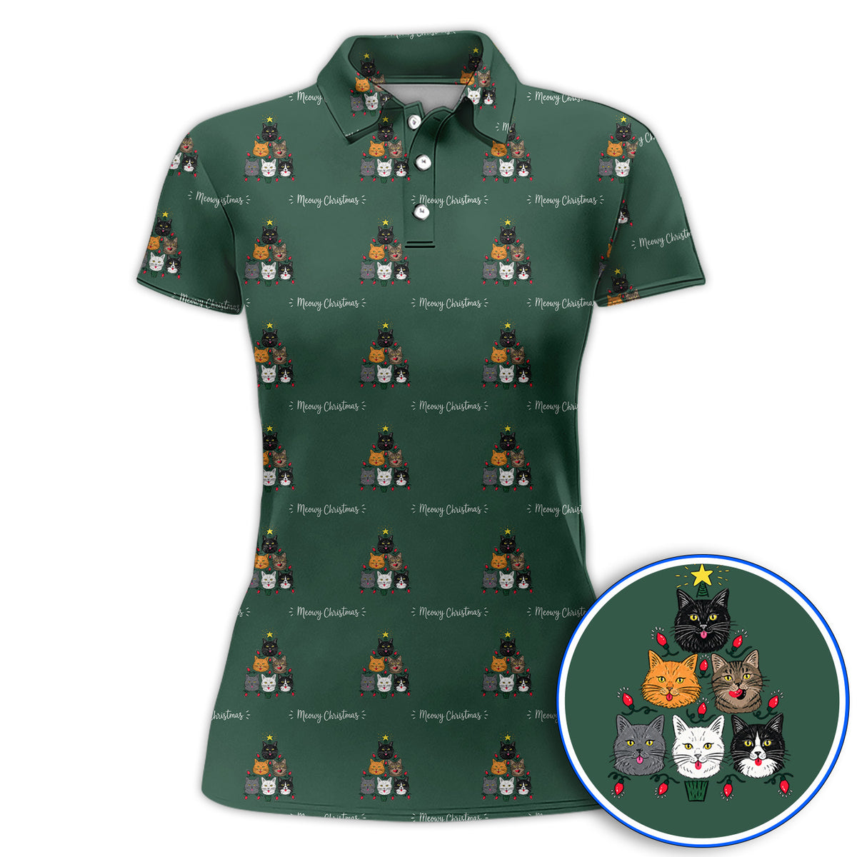 Meowy Christmas Cat Golf Polos, Festive Cat Christmas Pattern Golf Shirt, Xmas Golf Gift For Cat Lovers