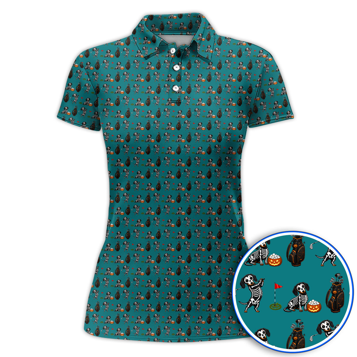 Halloween Dachshund Golf Polos, Skeleton Wiener Dog Pattern Golf Shirt, Funny Golf Gift for Golfer