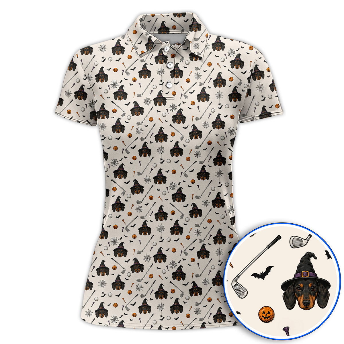 Witch Dachshund Golf Polos, Halloween Wiener Dog Pattern Golf Shirt, Golf Gift for Golfer
