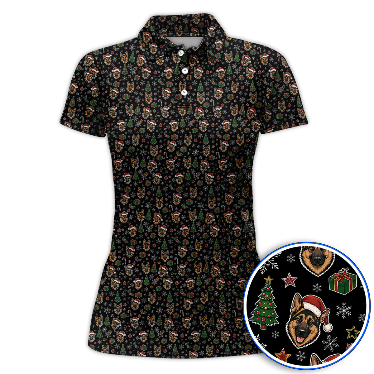 Funny German Shepherd Christmas Golf Shirt, German Shepherd Pattern Golf Polos, Xmas Golf Gift For Golfer
