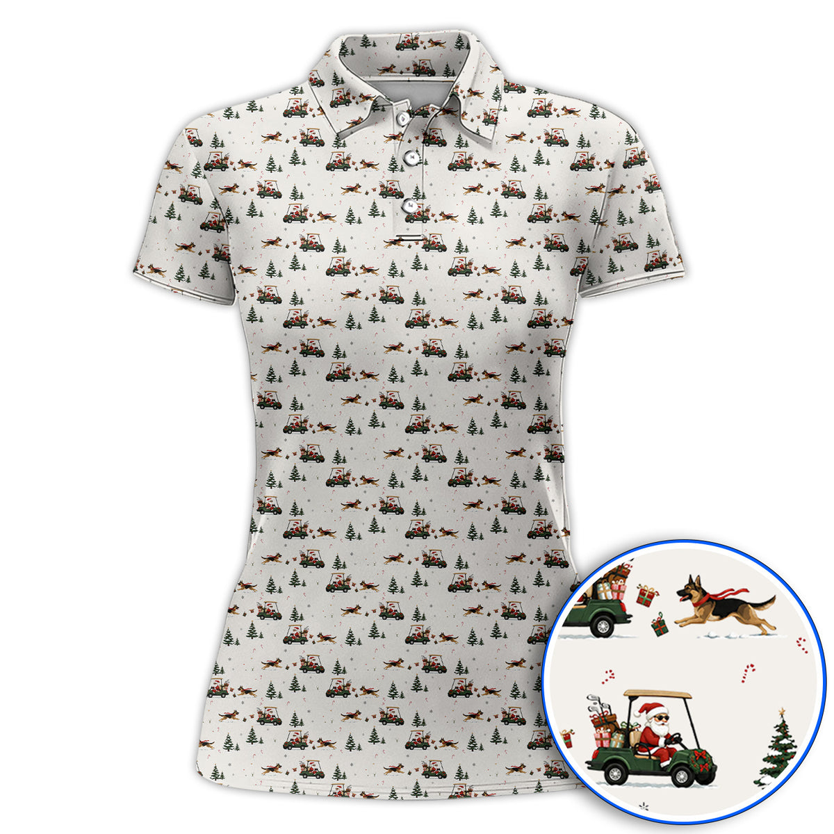 German Shepherd Pattern Golf Polos, German Christmas Golf Cart Shirt, Festive Golf Gift for Dog Lovers