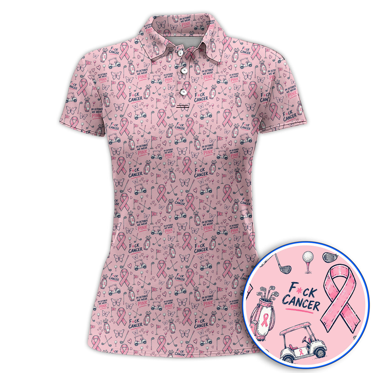 Fight Cancer Golf Shirt, Pink Ribbon Golf Cart Pattern Polos, Breast Cancer Awareness Gift for Golfers