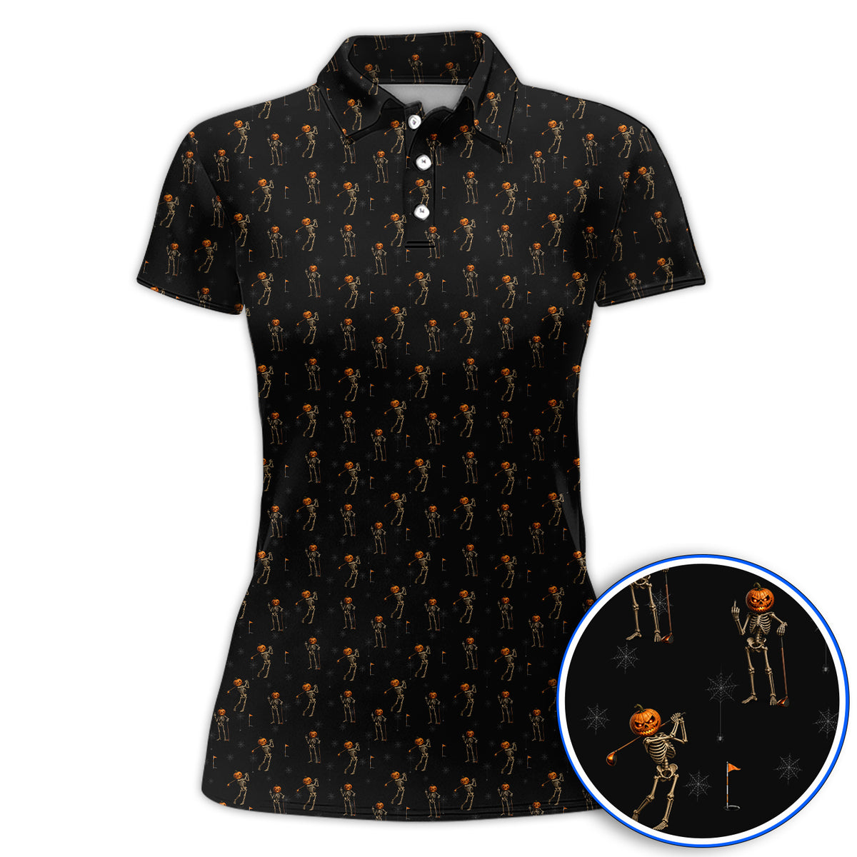 Halloween Skeleton Golf Polos, Pumpkin Head Pattern Golf Shirt, Funny Golf Gift for Golfer