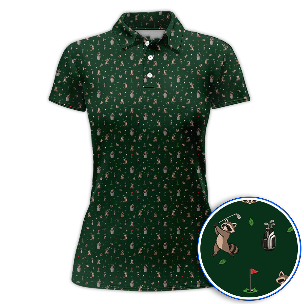 Raccoon Golf Polos, Playful Raccoon Golf Pattern Shirt, Funny Animal Golf Gift for Golfer