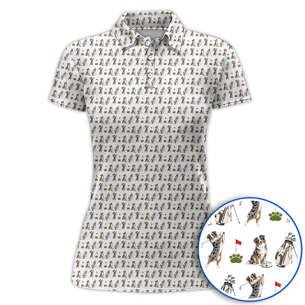 Australian Shepherd Pattern Golf Polos, Aussie Dog Golf Shirt, Crazy Golf Gift For Golfer