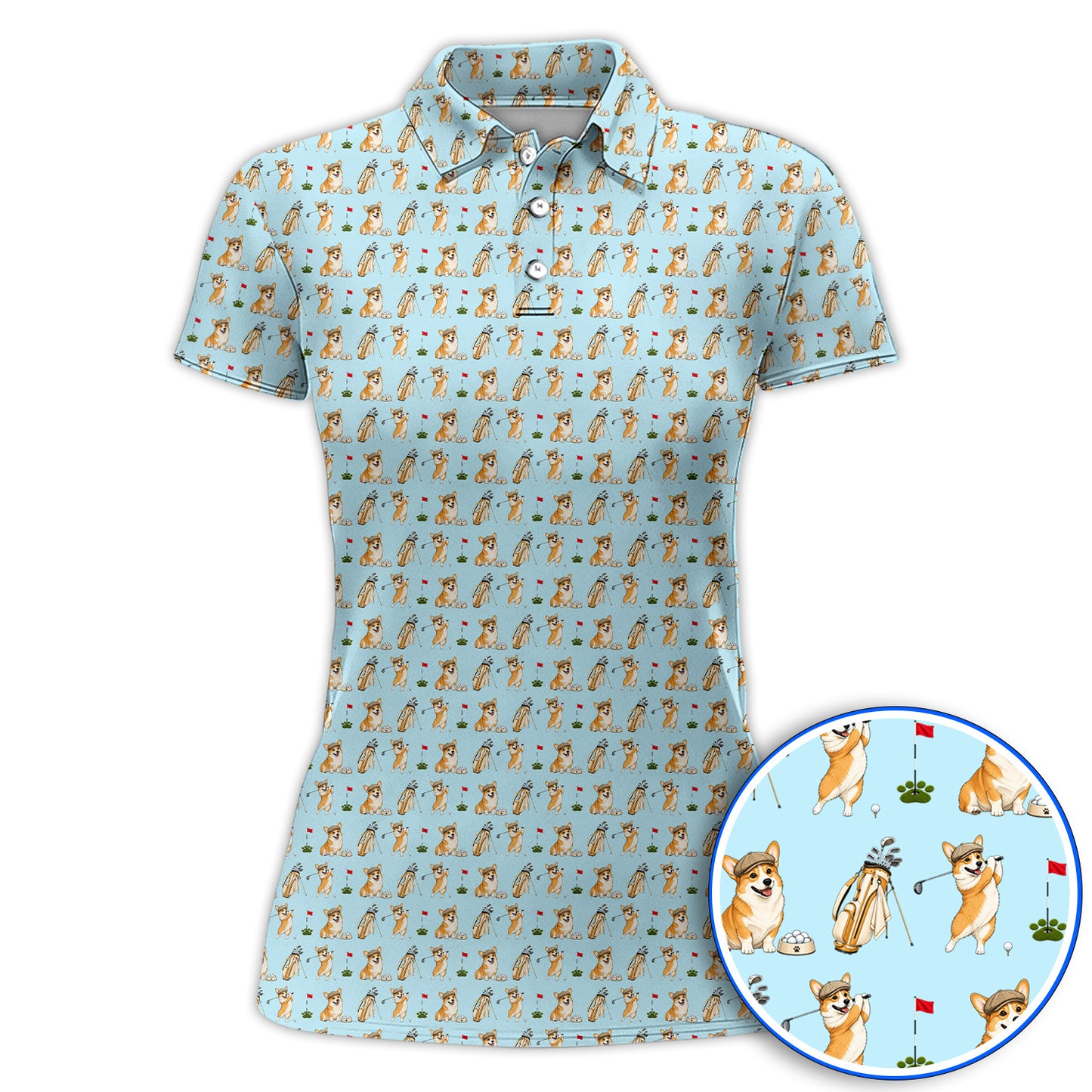 Funny Corgi Golf Shirt, Corgi Pattern Golf Polos, Dog Lover Golf Gift