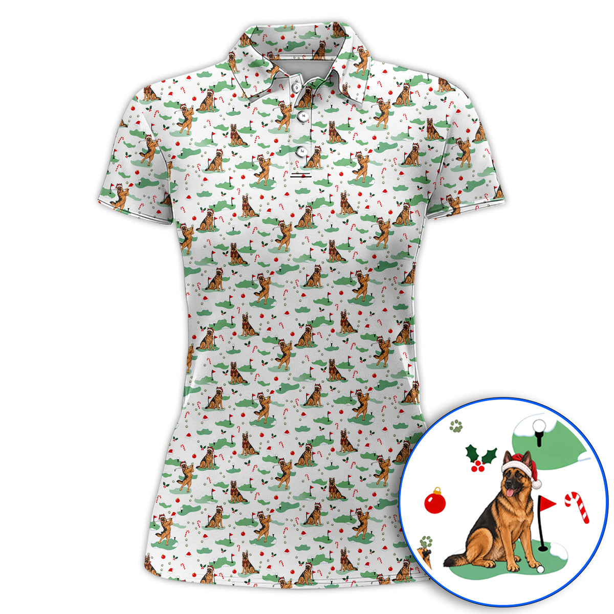 Funny German Shepherd Christmas Golf Shirt, German Shepherd Pattern Golf Polos, Xmas Golf Gift for Golfers