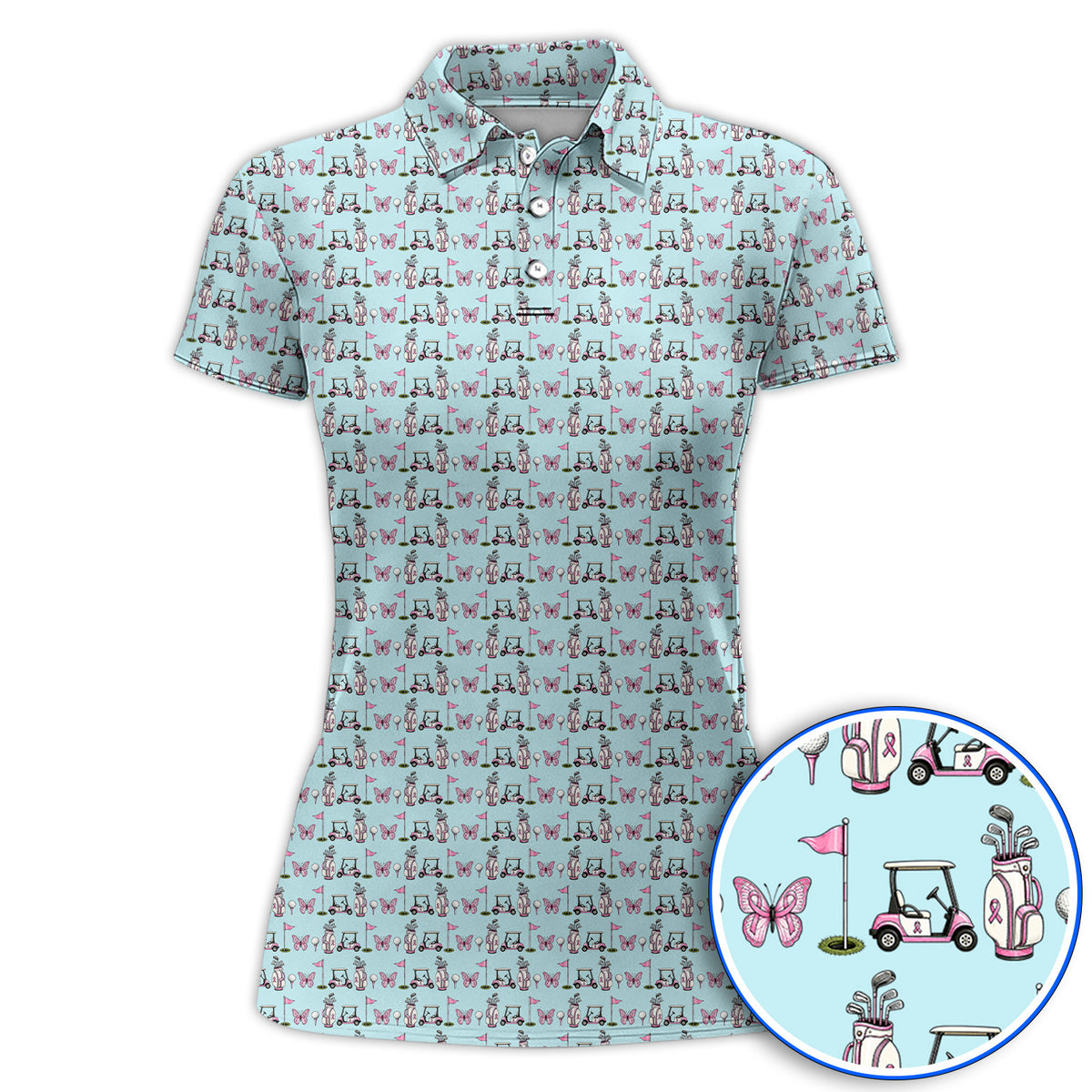 Pink Ribbon Fairway Golf Polos, Breast Cancer Support Golf Cart & Butterfly Pattern Shirt, Awareness Gift for Golfers