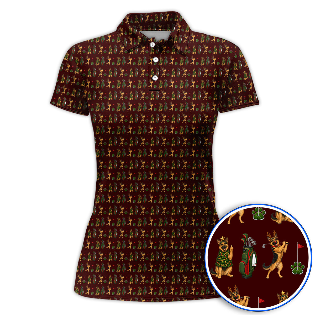 German Shepherd Christmas Golf Shirt, German Shepherd Pattern Golf Polos, Xmas Golf Gift For Golfer