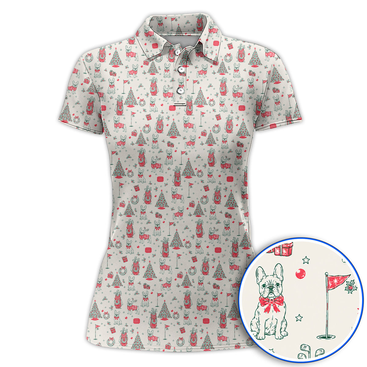 French Bulldog Christmas Golf Polos, Festive Dog Golf Pattern Shirt, Funny Xmas Golf Gift for Golfers