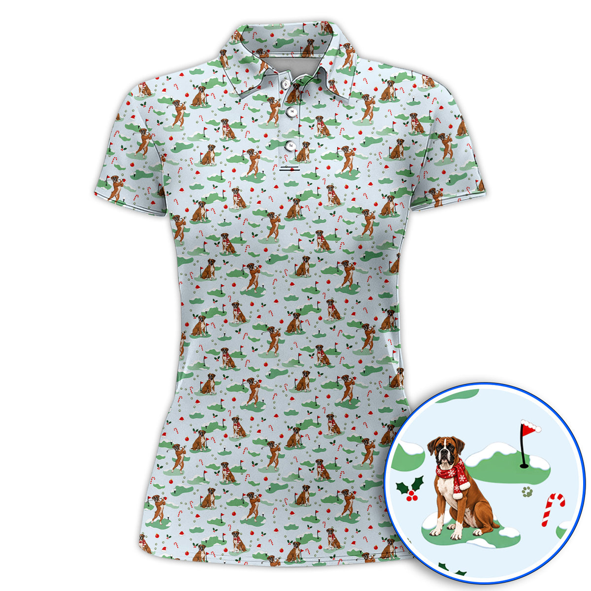 Funny Boxer Christmas Golf Shirt, Xmas Boxer Dog Pattern Golf Polos, Golf Gift For Golfer