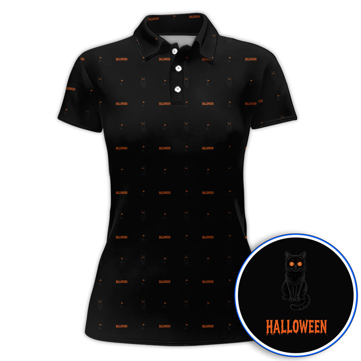 Black Cat Halloween Golf Polos, Spooky Cat Pattern Golf Shirt for Halloween Lovers, Funny Golf Gift for Golfers