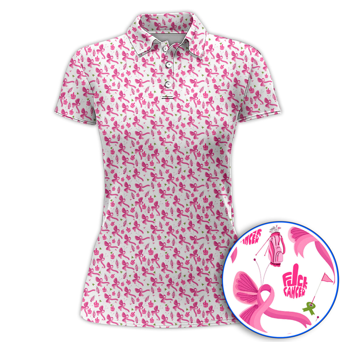 Fight With Every Swing Breast Cancer Awareness Golf Polos, Pink Ribbon & Golf Pattern Shirt, Support Gift for Golfers
