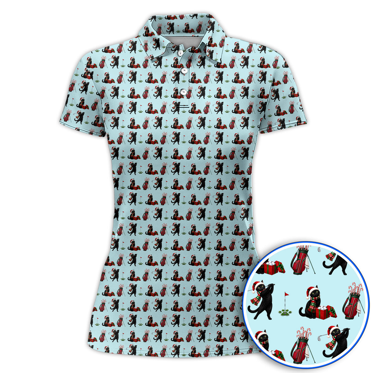 Black Cat Christmas Golf Polos, Festive Cat Patterm Golf Shirt, Funny Holiday Golf Gift For Golfer