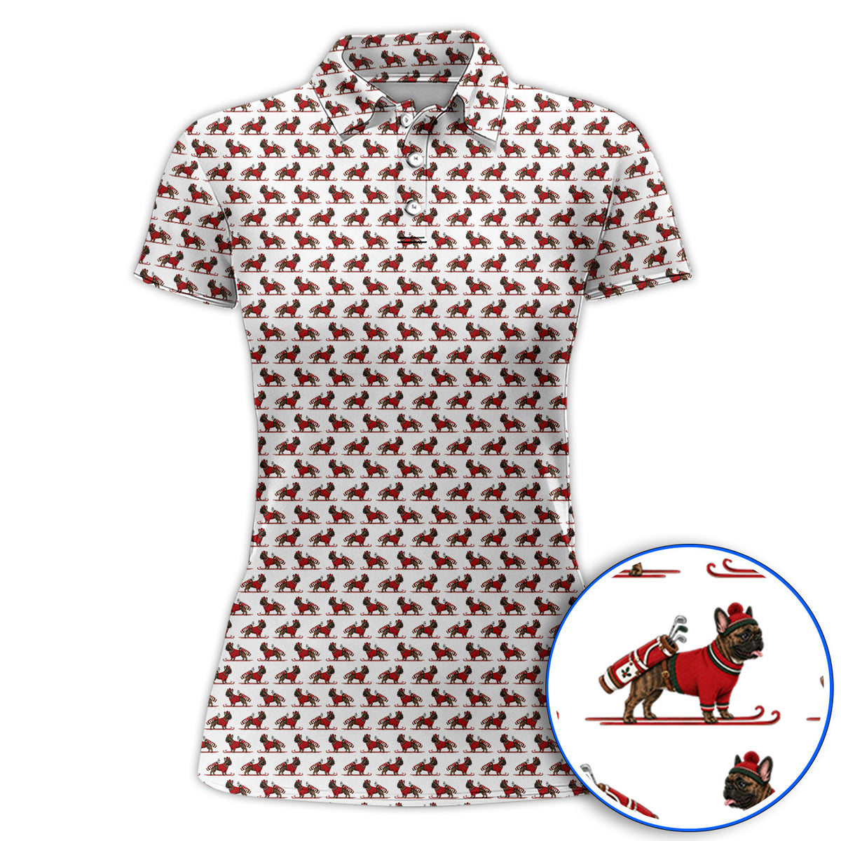 French Bulldog Holiday Golf Polos, Christmas Dog Pattern Golf Shirt, Festive Golf Gift for Golfers