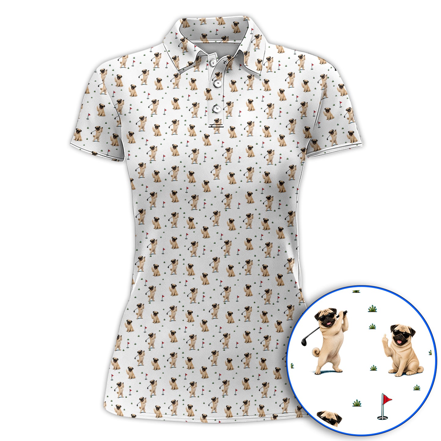 Pug Pattern Golf Shirt, Funny Pug Golf Polos, Crazy Golf Gift For Golfer
