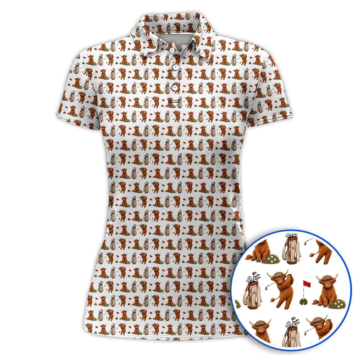 Funny Highland Cow Golf Polos, Highland Cow Pattern Golf Shirt, Golf Gift For Golfer